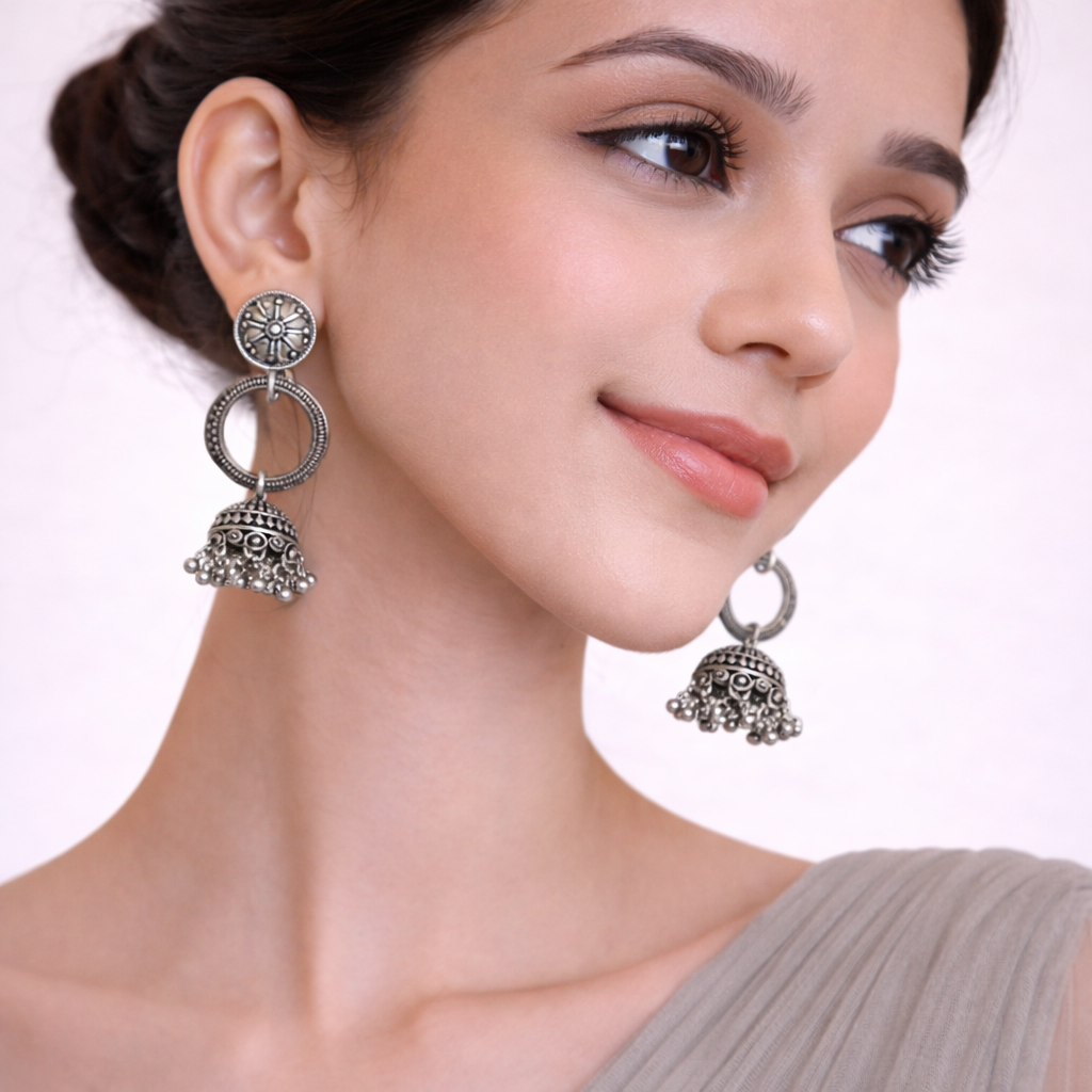 Oxidised Silver Hoop Jhumka Earrings