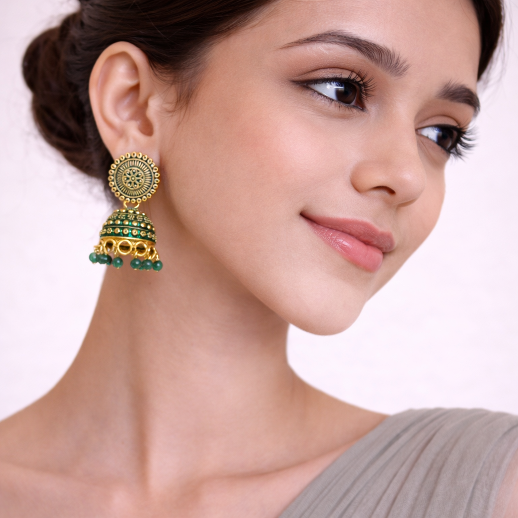 Emerald Green Gold Jhumka Earrings