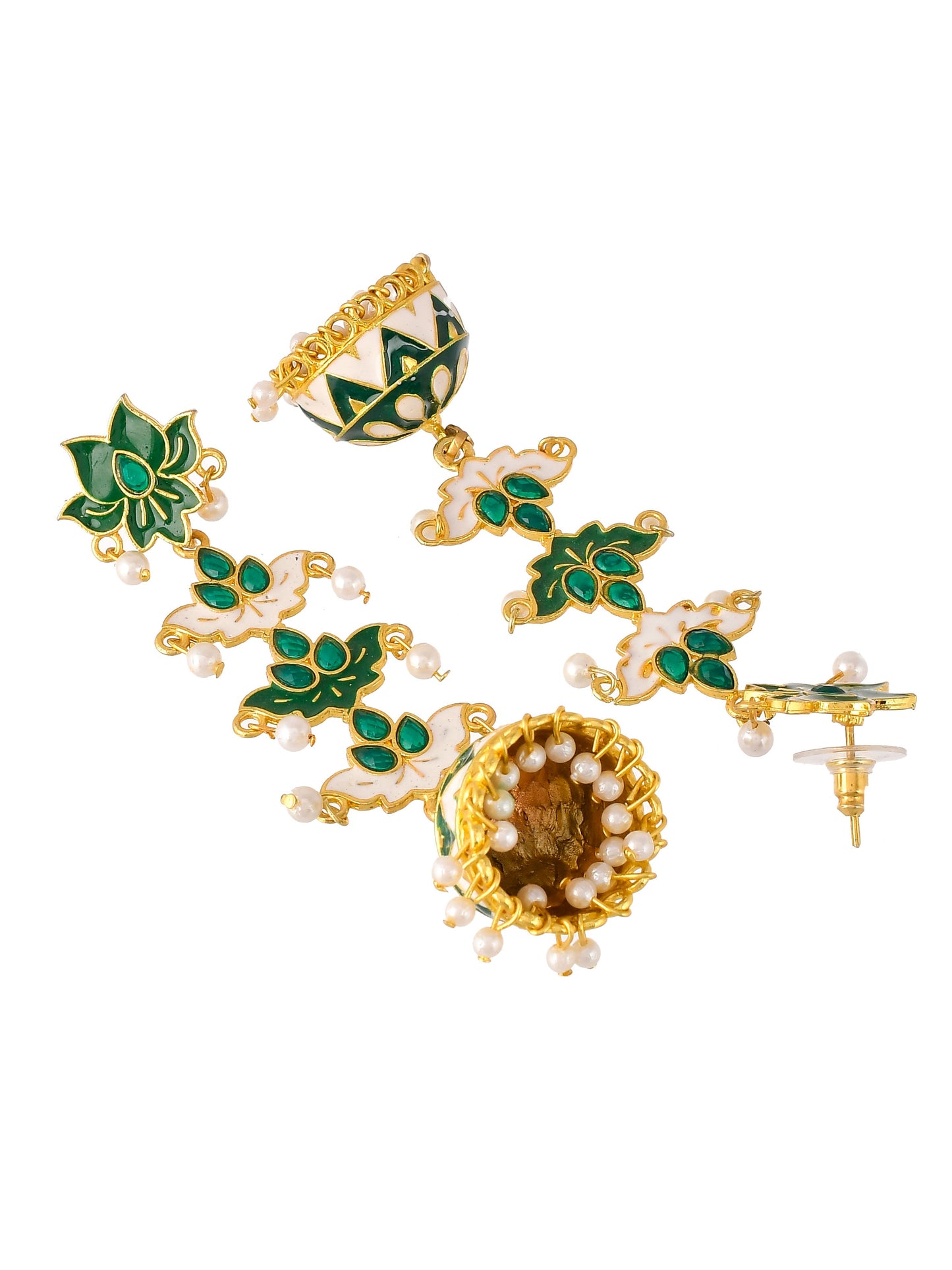 Gold Plated Green Dome Shaped Handcrafted Jhumka For Women