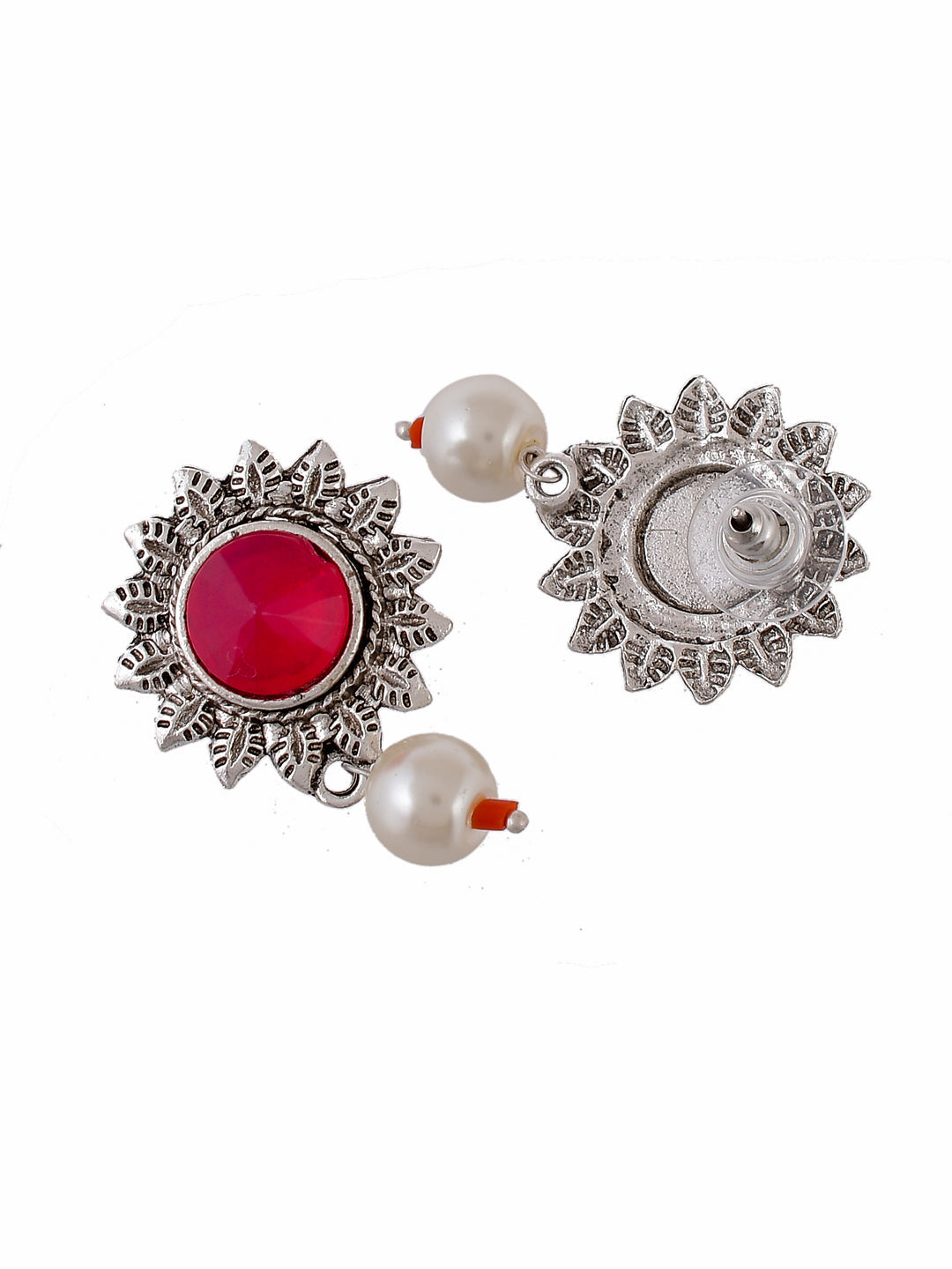 Red Oxidised Pearl Drop Earrings For Women