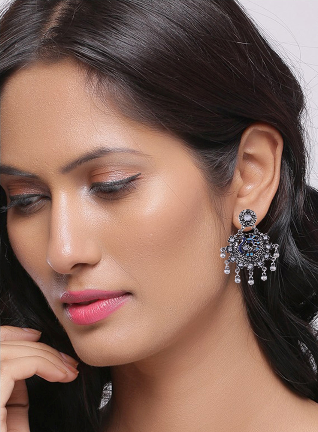 Silver Toned & Blue Peacock Shaped Drop Earrings