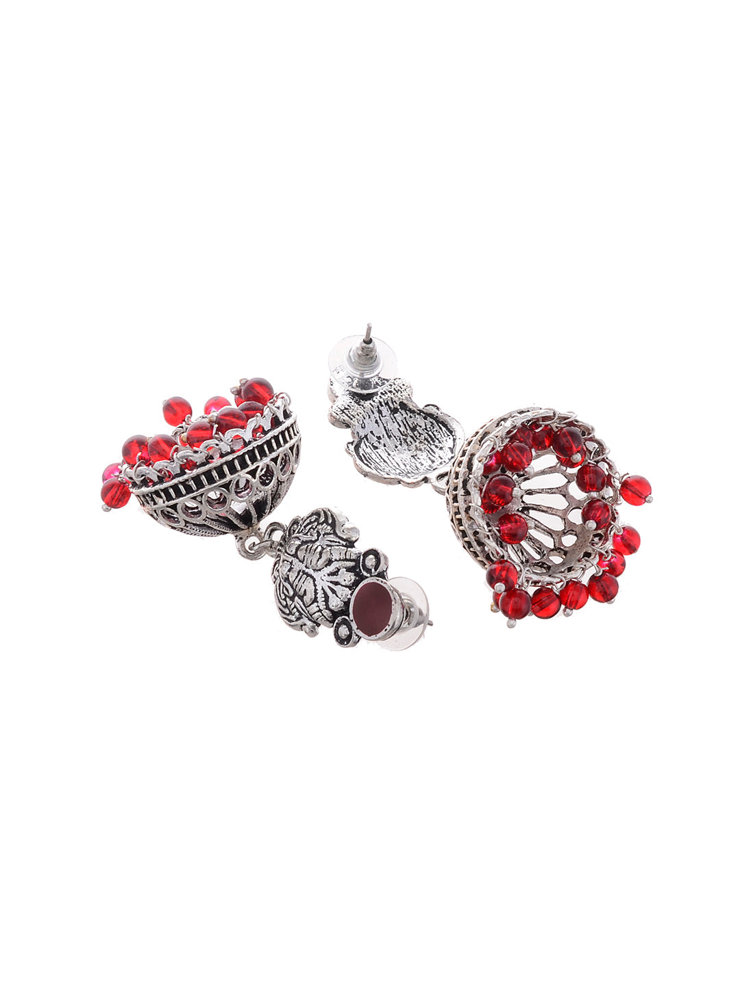 Silver Plated & Red Oxidised Circular Jhumkas