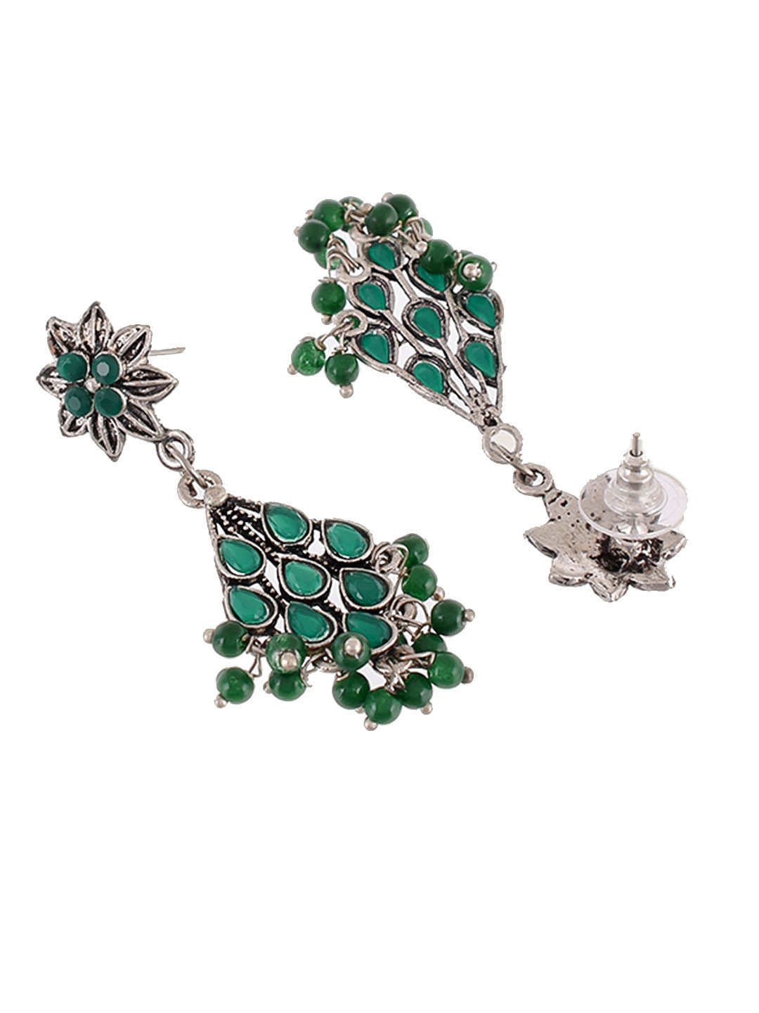 Drop Earrings With Green Beads And Oxidized Look