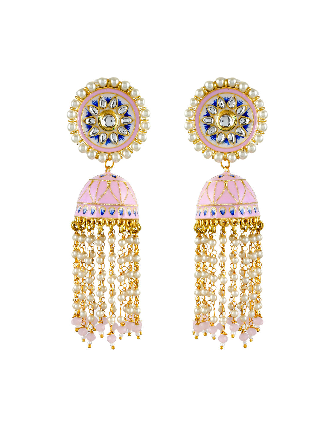 Gold Plated Handpainted Kundan pink Jhumka Earrings
