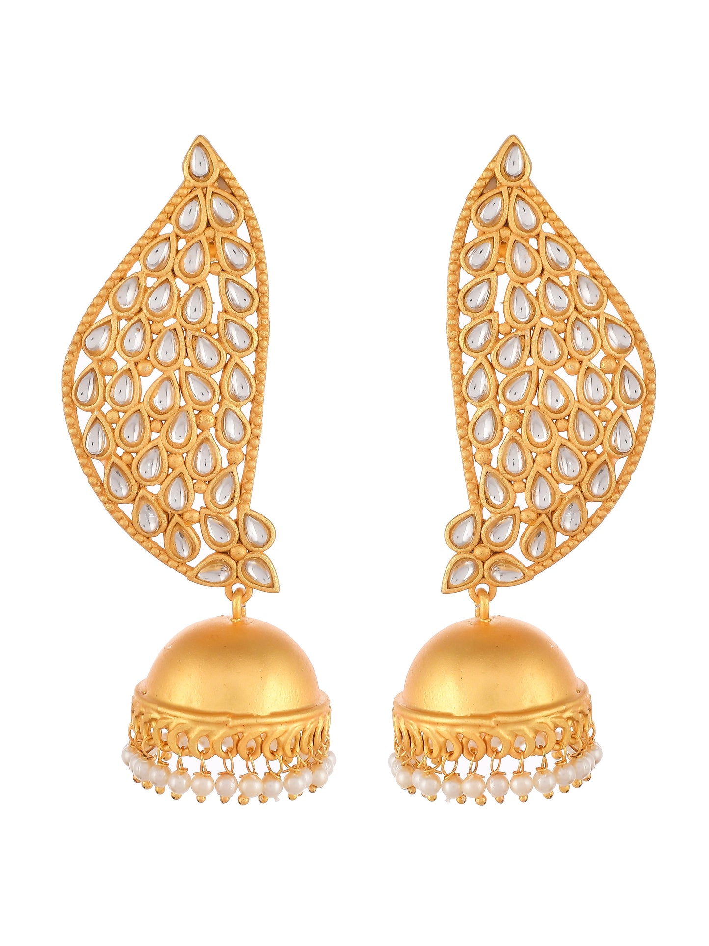 Gold Plated Kundan Studded & Beaded Leaf Shaped Drop Earrings