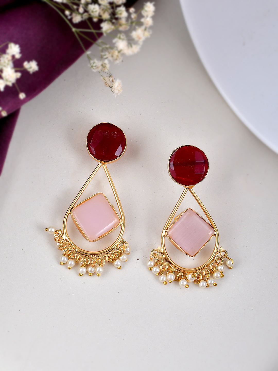 Gold Plated Pearl Drop Pink earrings