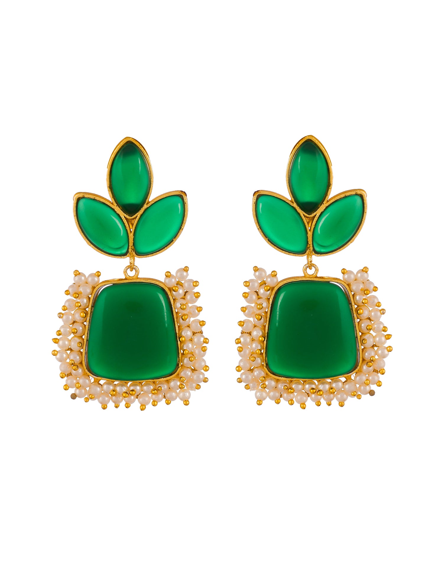 Gold Plated Green Beaded Leaf Design Floral Earrings