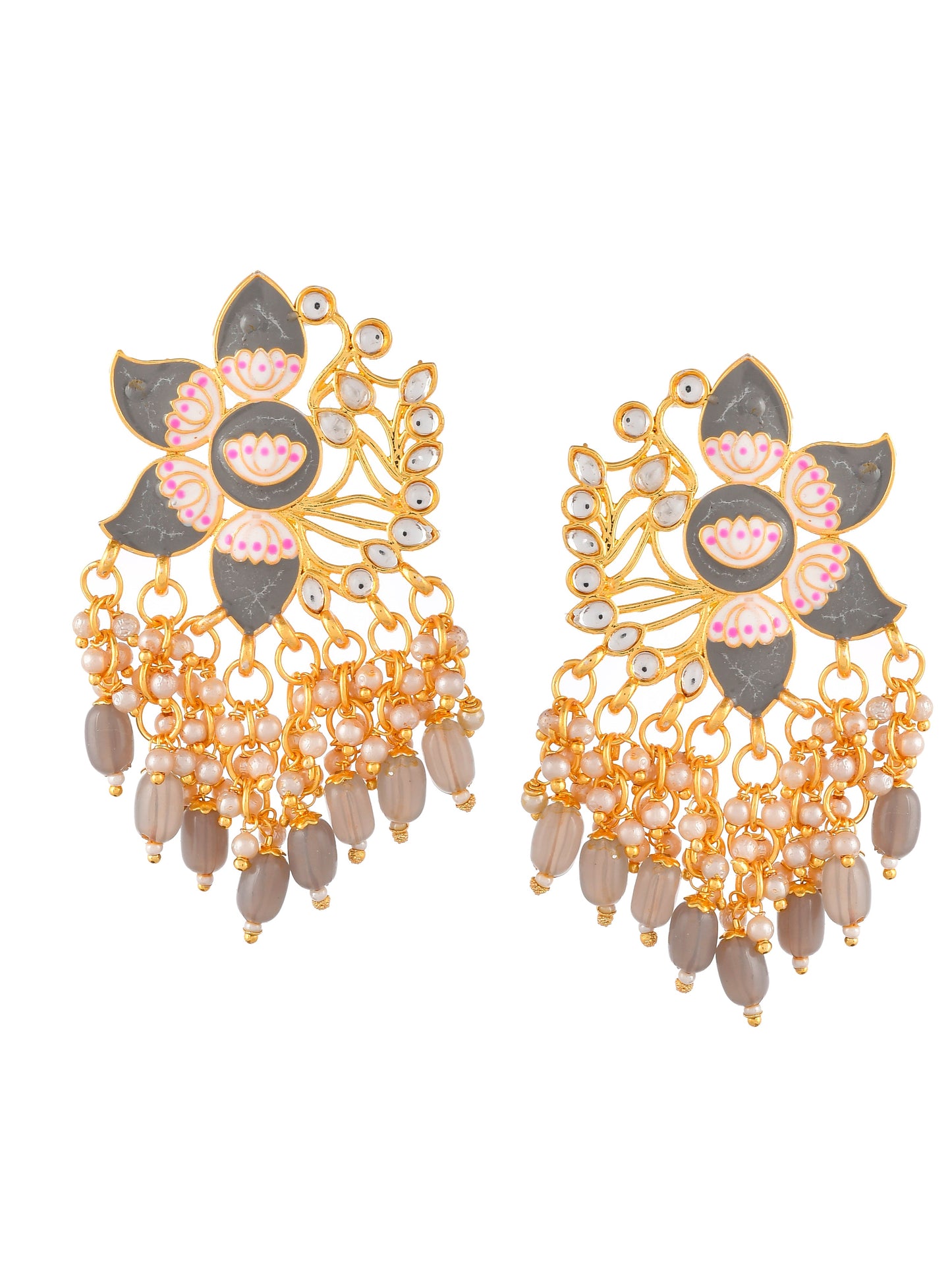 Gold Plated Grey Handcrafted Kundan Studded Floral Drop Earrings