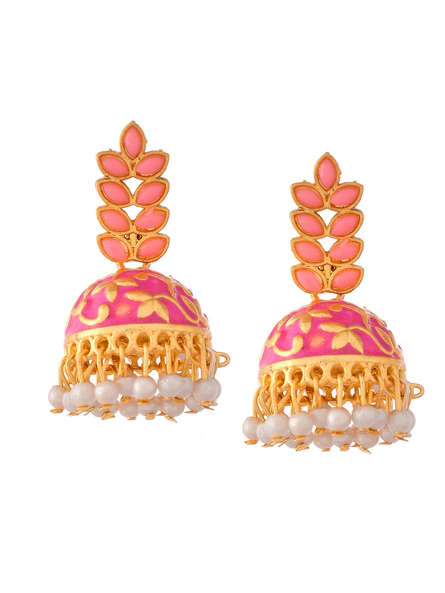 Women Gold Plated Pink Floral Meenakari Jhumkas