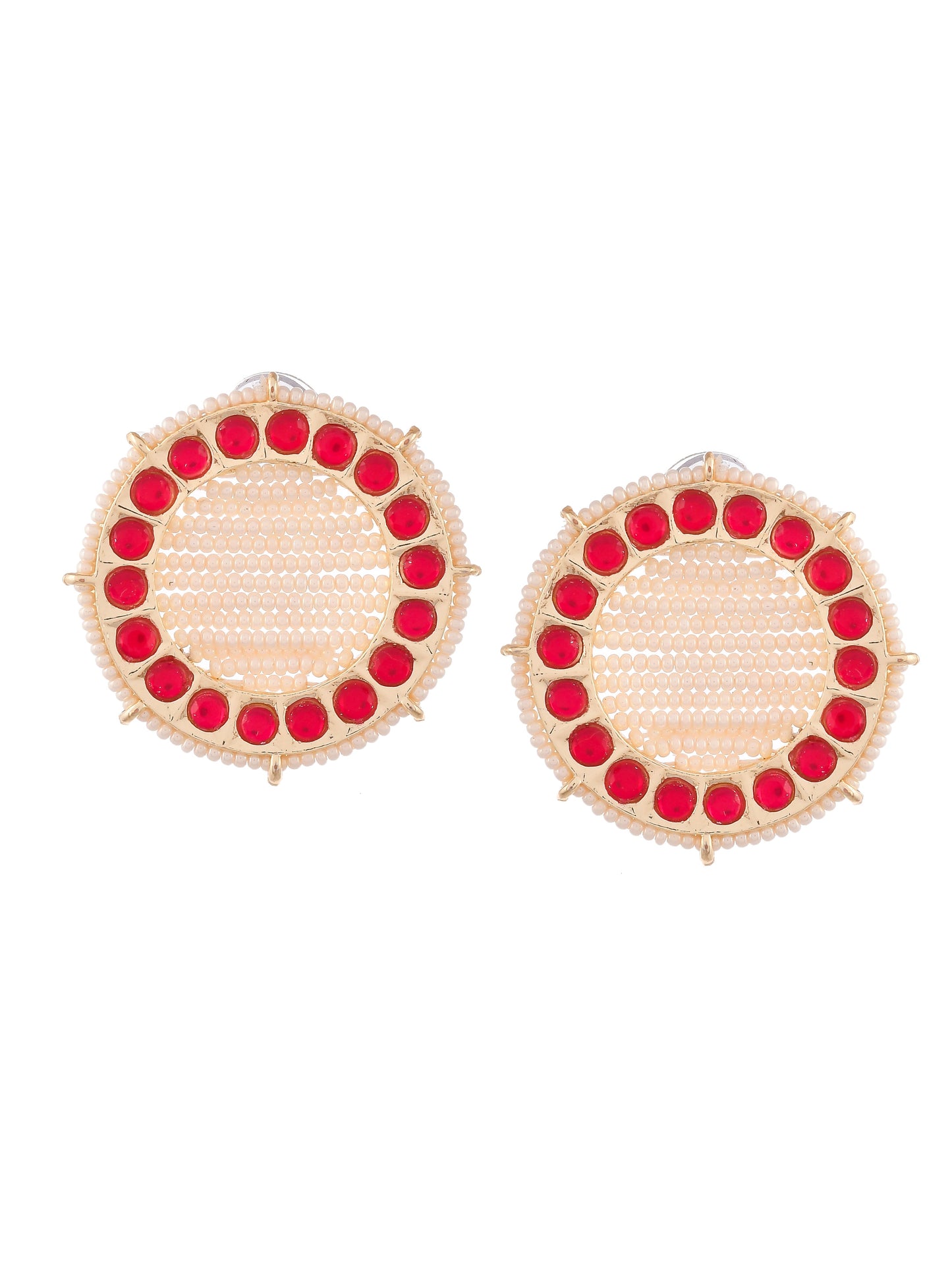 Gold Plated Red & Pearl Beaded Handcrafted Stud Earrings
