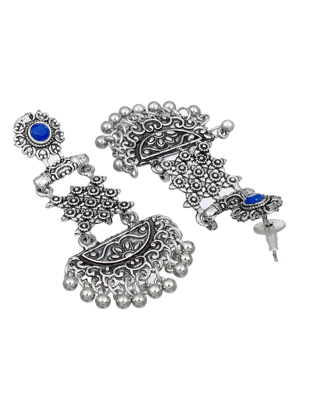 Silver Tone Oxidized Blue Contemporary Drop Earring