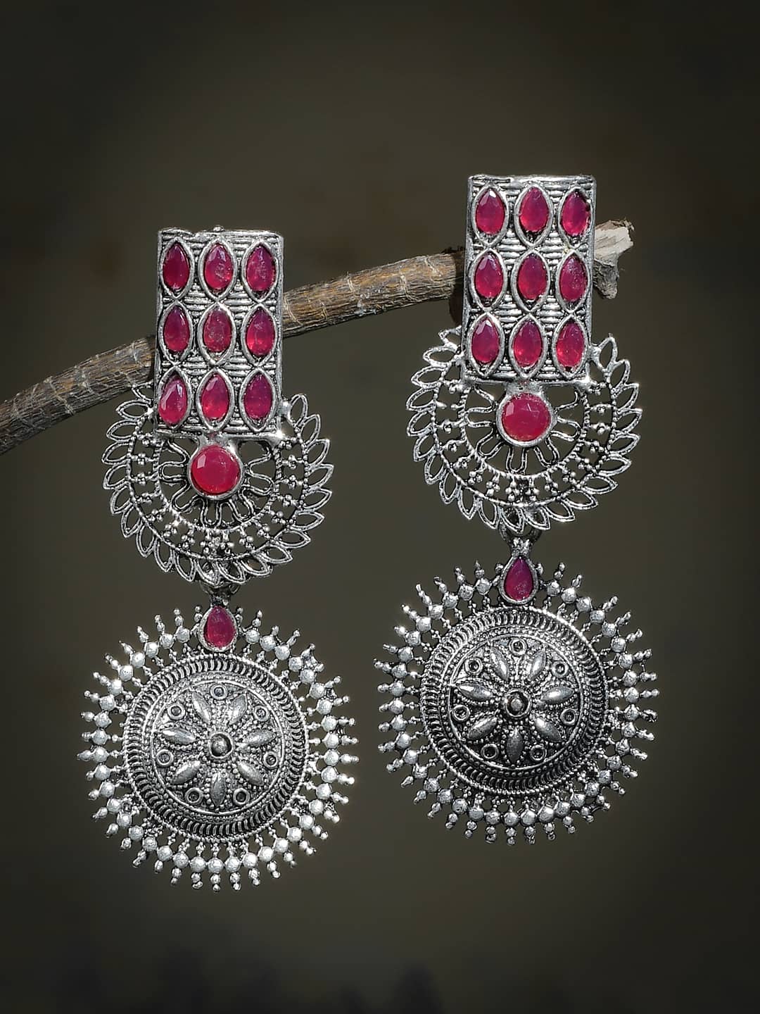 Bollywood Pink Oxidized Silver Long Dangler Drop Earrings
