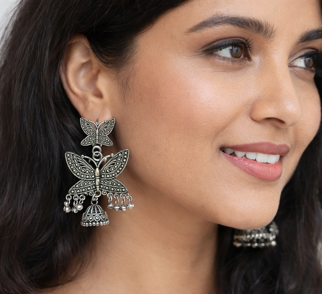 Antique Butterfly Silver Jhumka Earrings