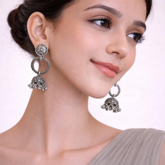 Oxidised Silver Hoop Jhumka Earrings