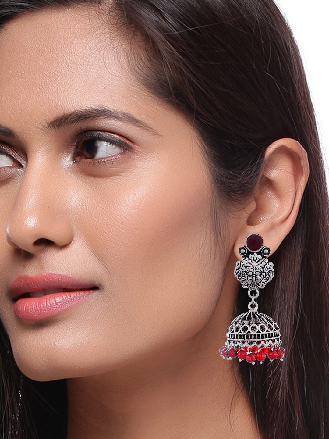 Silver Plated & Red Oxidised Circular Jhumkas