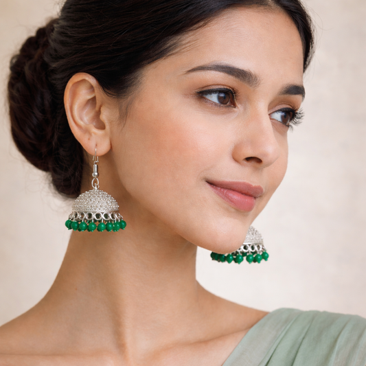 Silver Dome Jhumka Earrings with Green Beads