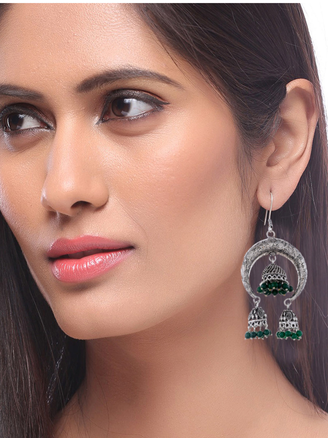 Silver Plated & Green Dome Shaped Classic Jhumkas