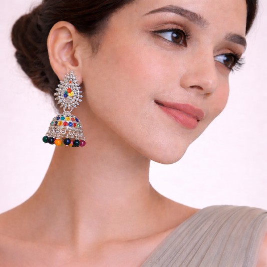 Multicolor Silver Jhumka Earrings with Beads