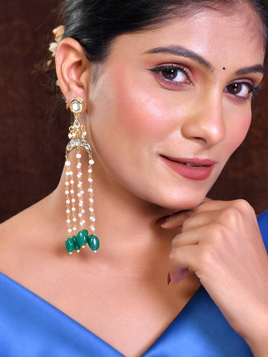 Gold Chandelier Earrings With Green Gemstone Accents For Women