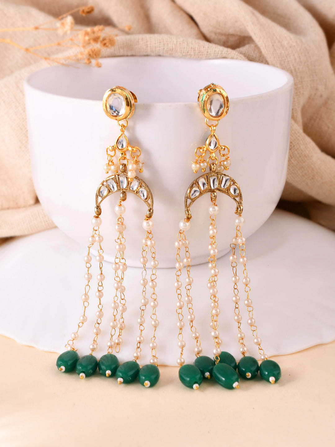 Gold Chandelier Earrings With Green Gemstone Accents For Women