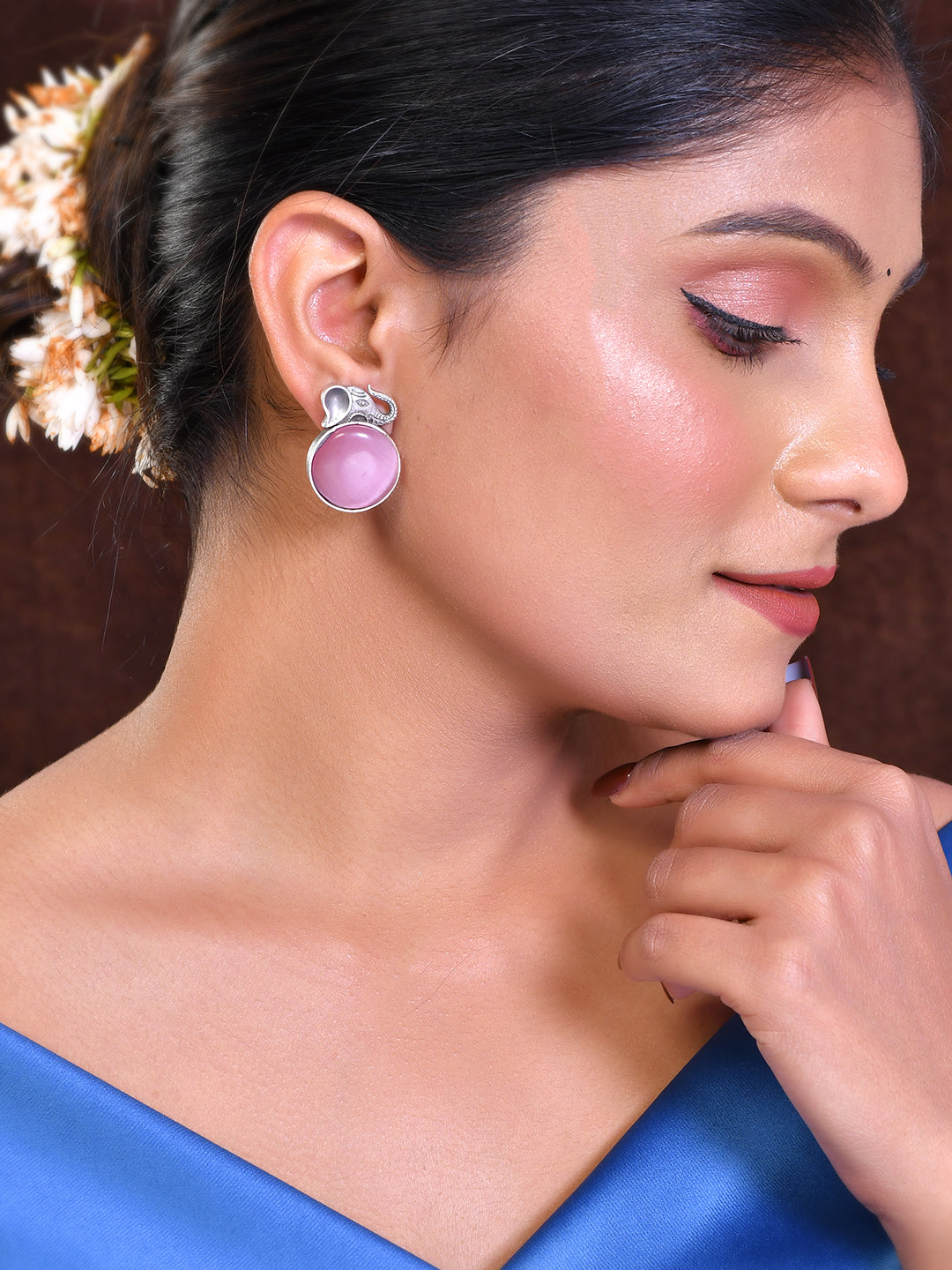 Elephant Silver Earrings With Pink Gemstones For Women