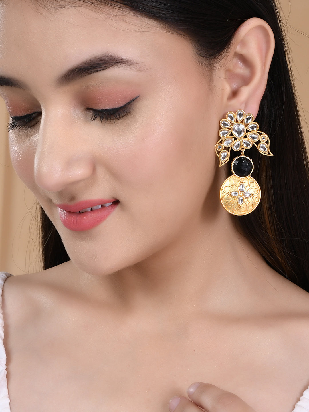 Gold Plated Black Stone Kundan Drop Earring