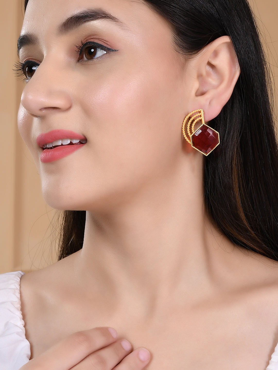 Gold plated Red Stone Stud Earring