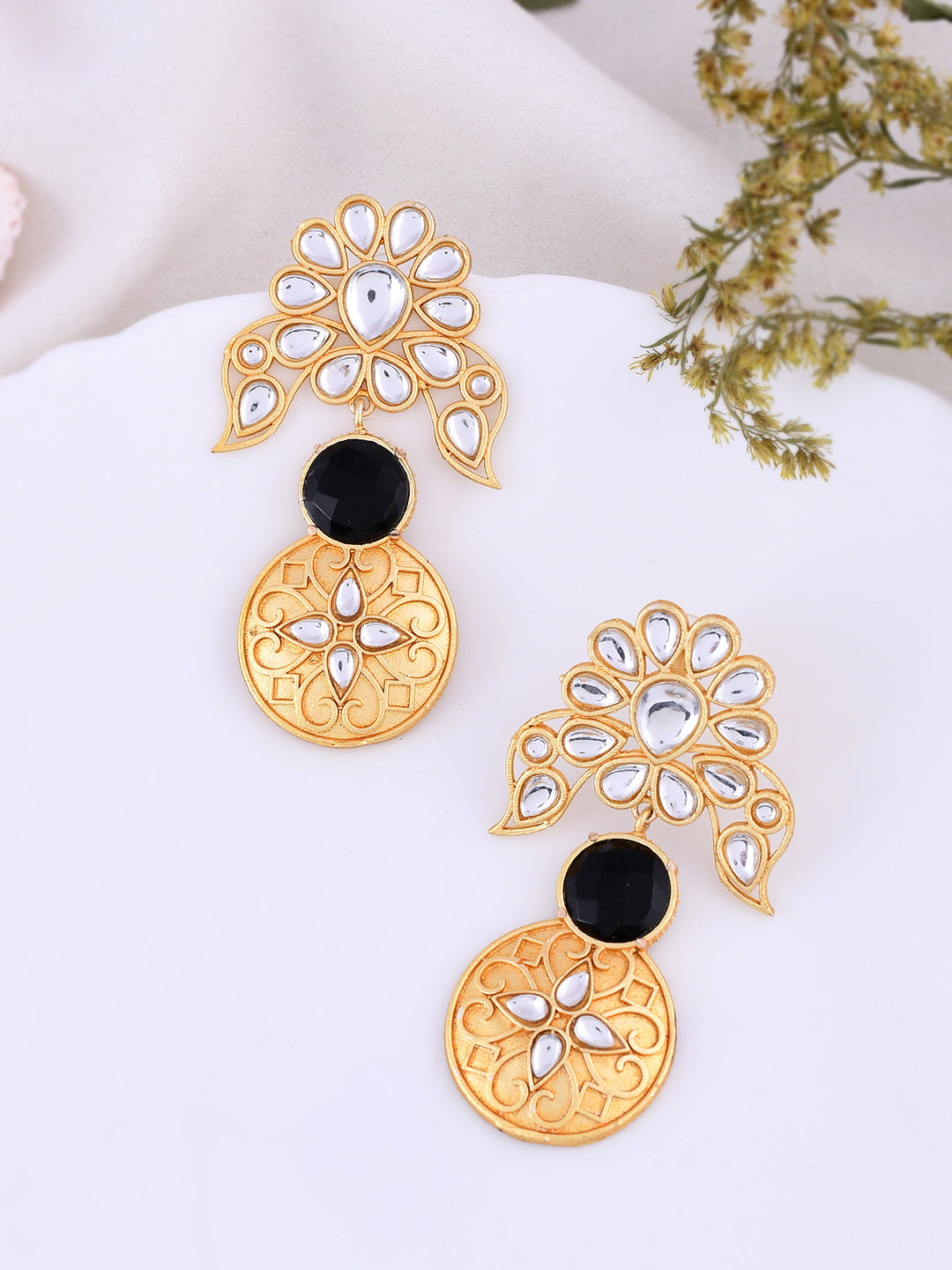 Gold Plated Black Stone Kundan Drop Earring