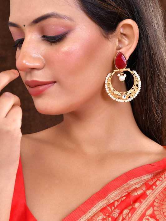 Gold Plated Red Stone Studded Pearl Chandbali Earrings For Women