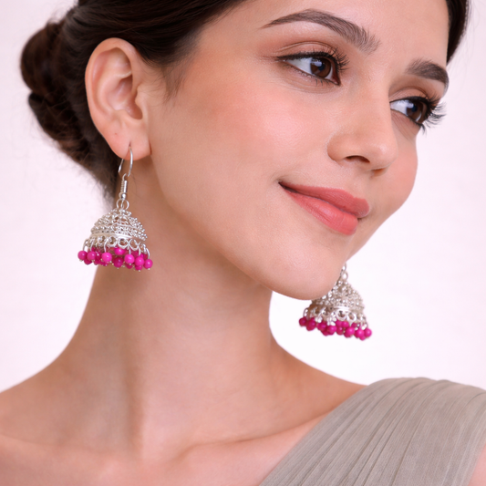 Silver Pink Beaded Jhumka Earrings