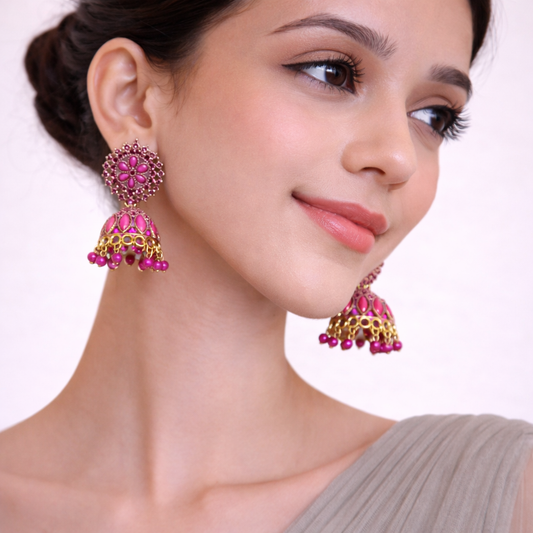 Pink Floral Gold Jhumka Earrings