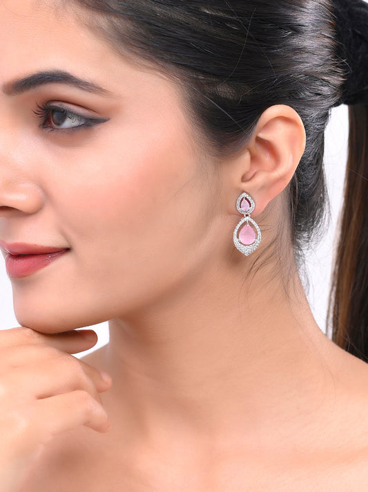 Pink American Diamond Drop Earrings For Women