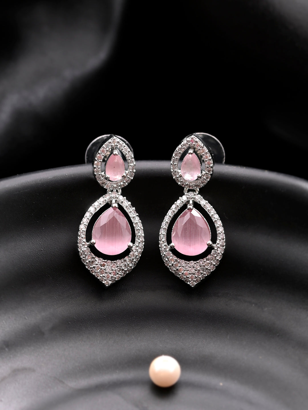 Pink American Diamond Drop Earrings For Women