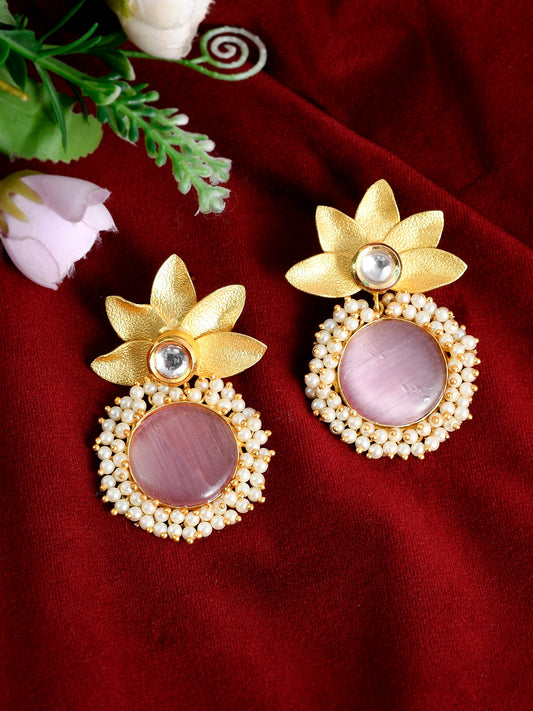 Gold Plated Pink Quartz Floral Heavy Traditional Drop Earrings