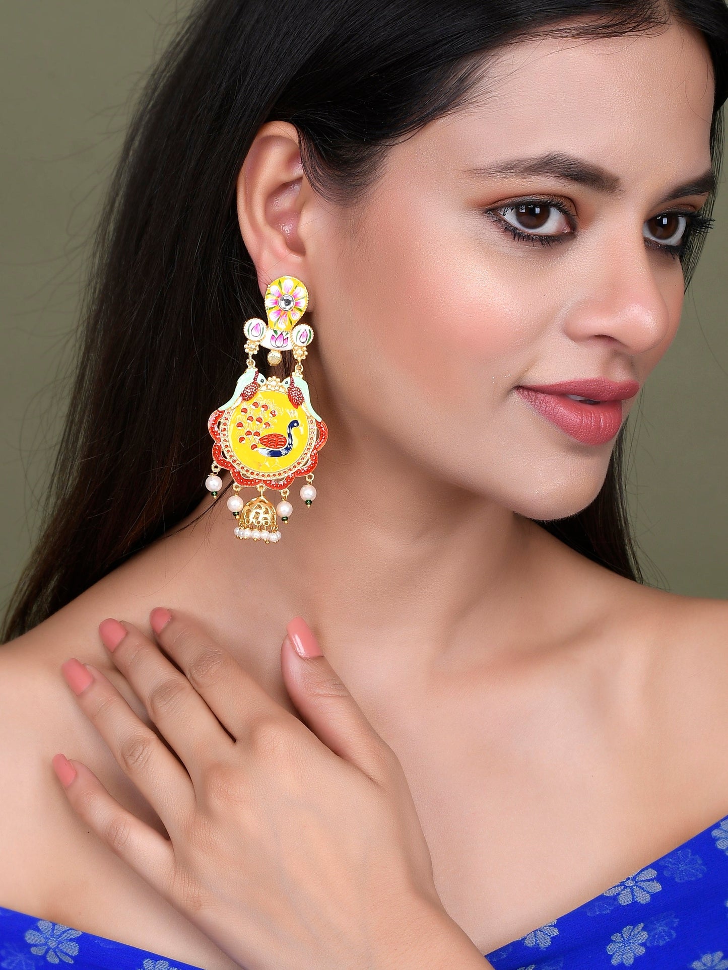 Gold Plated Indian Traditional Handpainted Ethnic Heavy Earrings
