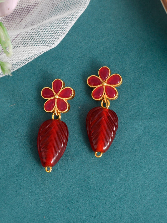 Gold Plated Red Stone Floral Earrings