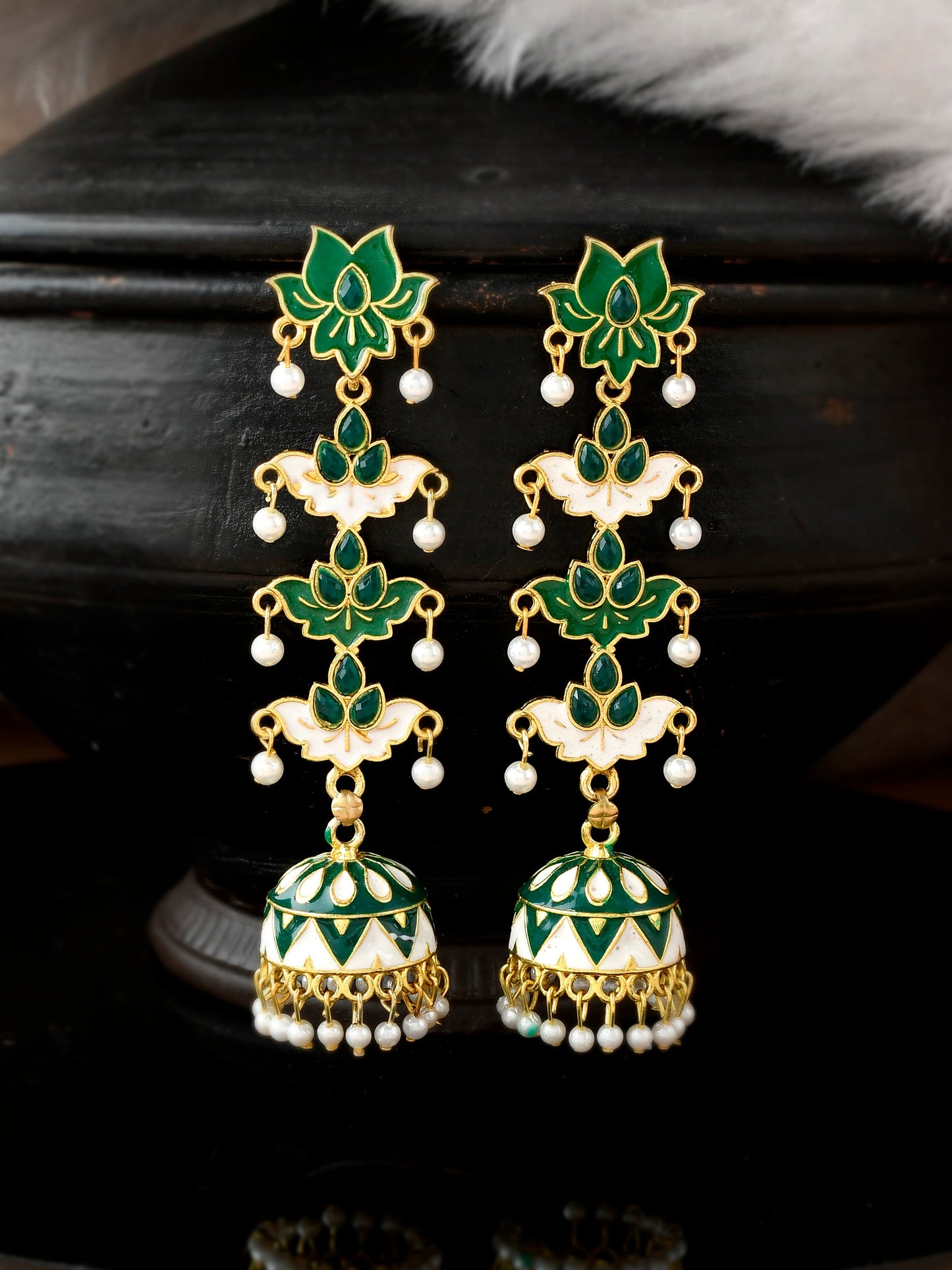 Gold Plated Green Dome Shaped Handcrafted Jhumka For Women