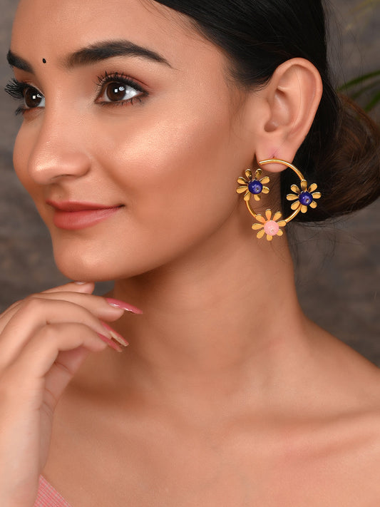 Gold Plated Pink Quartz Floral Half Hoop Earrings For Western Outfit