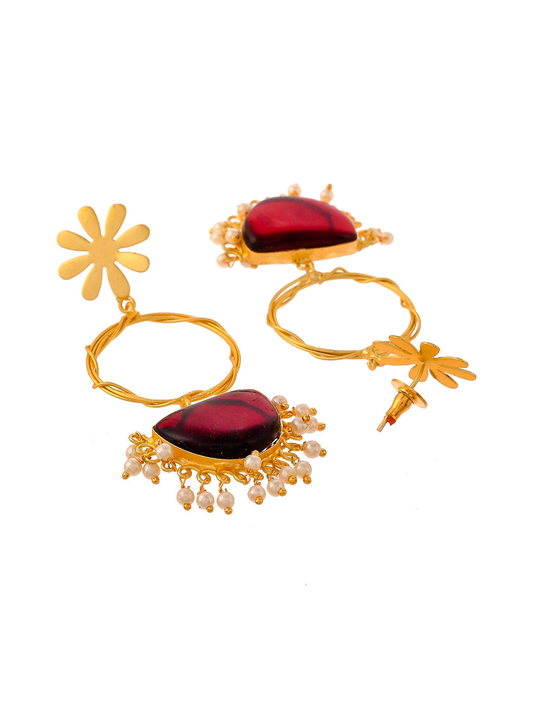 Gold Plated Floral Handcrafted Long Dangle Hoop Earrings