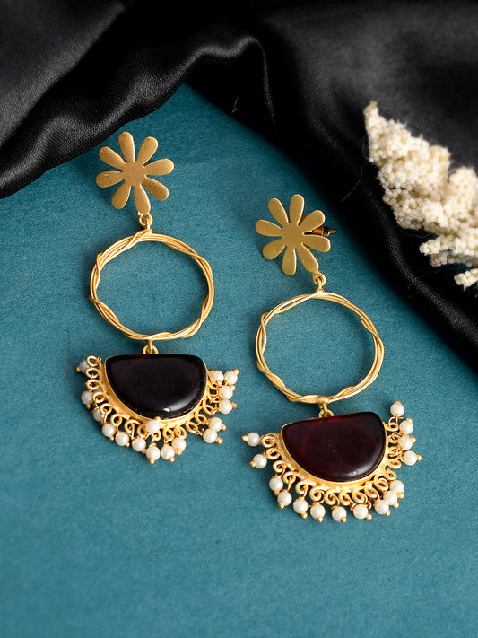 Gold Plated Floral Handcrafted Long Dangle Hoop Earrings