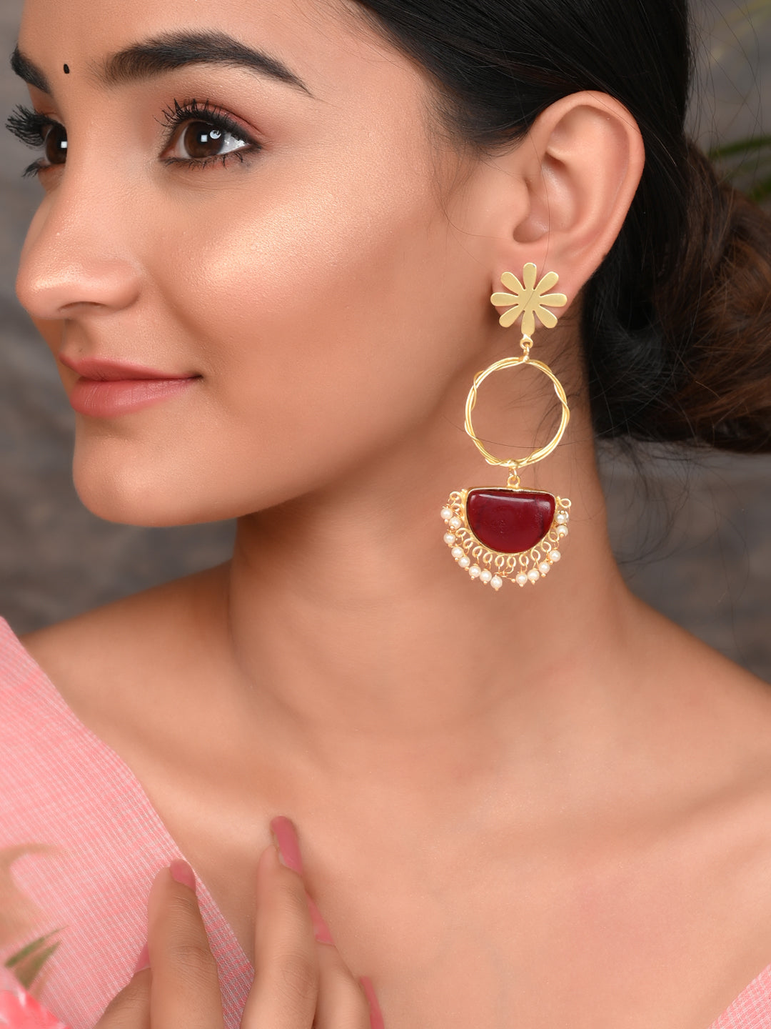 Gold Plated Floral Handcrafted Long Dangle Hoop Earrings