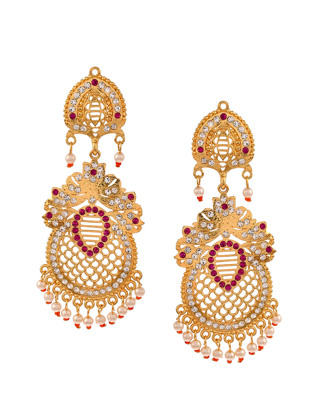 Gold Plated Ethnic Long Handcrafted Cubic Zirconia Dangle Earrings