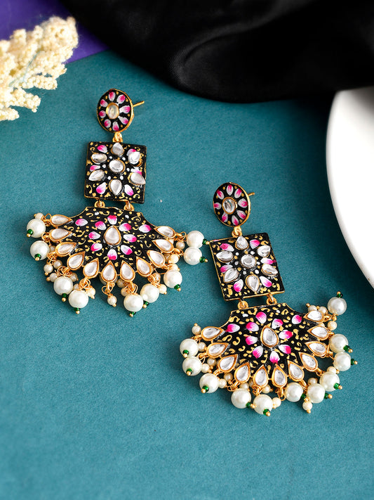 Gold Plated Handpainted Ethnic Kundan Dangle Earrings for wedding
