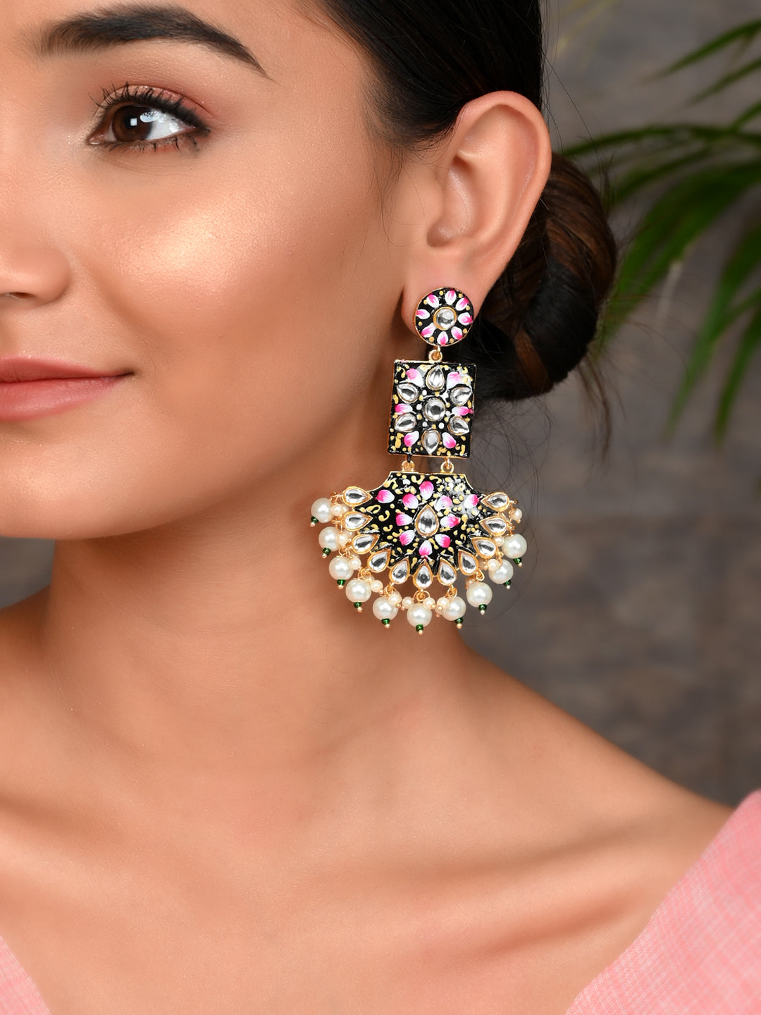Gold Plated Handpainted Ethnic Kundan Dangle Earrings for wedding