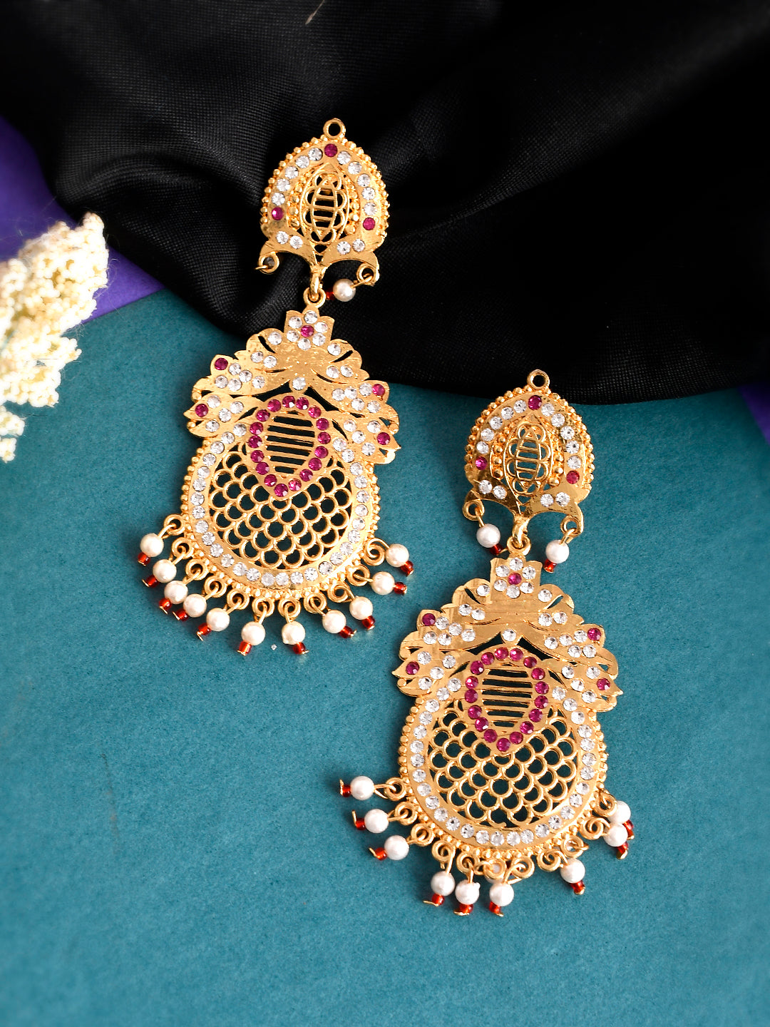 Gold Plated Ethnic Long Handcrafted Cubic Zirconia Dangle Earrings
