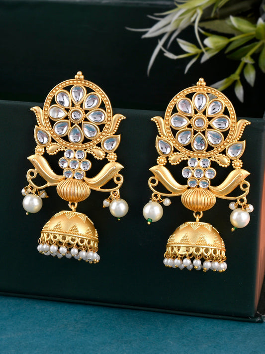 Gold-Plated Classic Kundan pearl Jhumkas Earrings