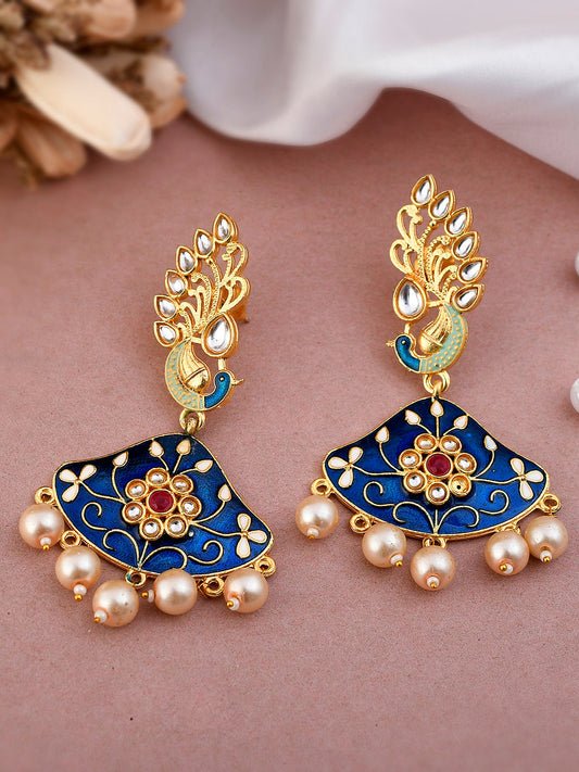 Gold Plated Traditional Peacock Design Hand Painted Drop Earrings for wedding