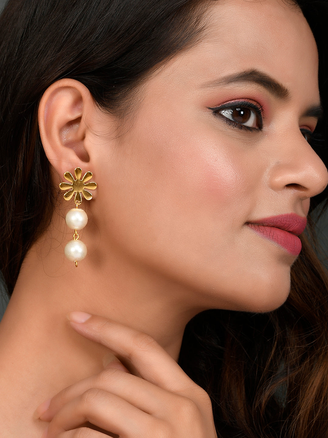 Gold Plated Flower Western Pearl Drop Earrings