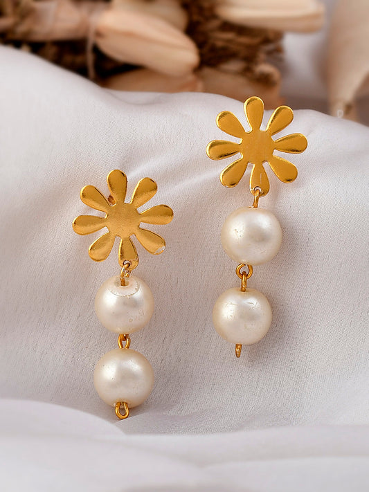 Gold Plated Flower Western Pearl Drop Earrings