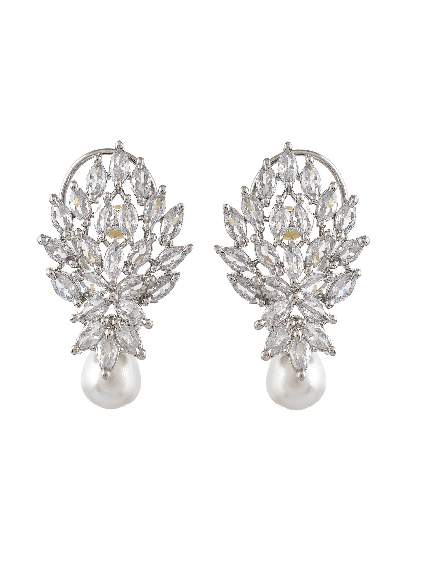 Silver-Toned Contemporary Amercian Diamond Stud Earrings